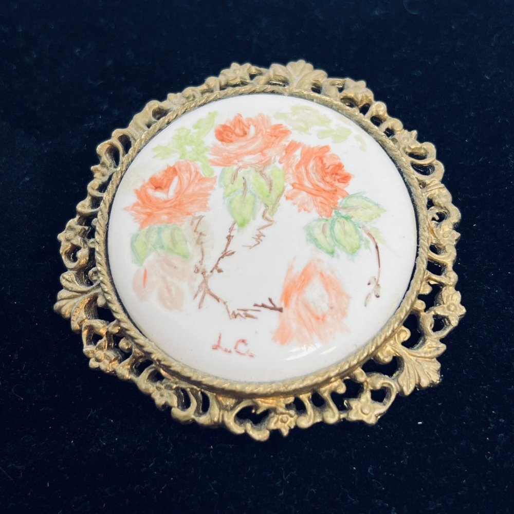 Gold Tone Porcelain Hand Painted Roses Pendant/Brooch Signed LC
